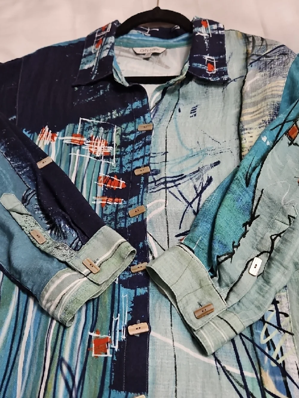 John Mark 2X Abstract Blue Button-Up Art Print Shirt Tunic Artsy - Picture 10 of 16